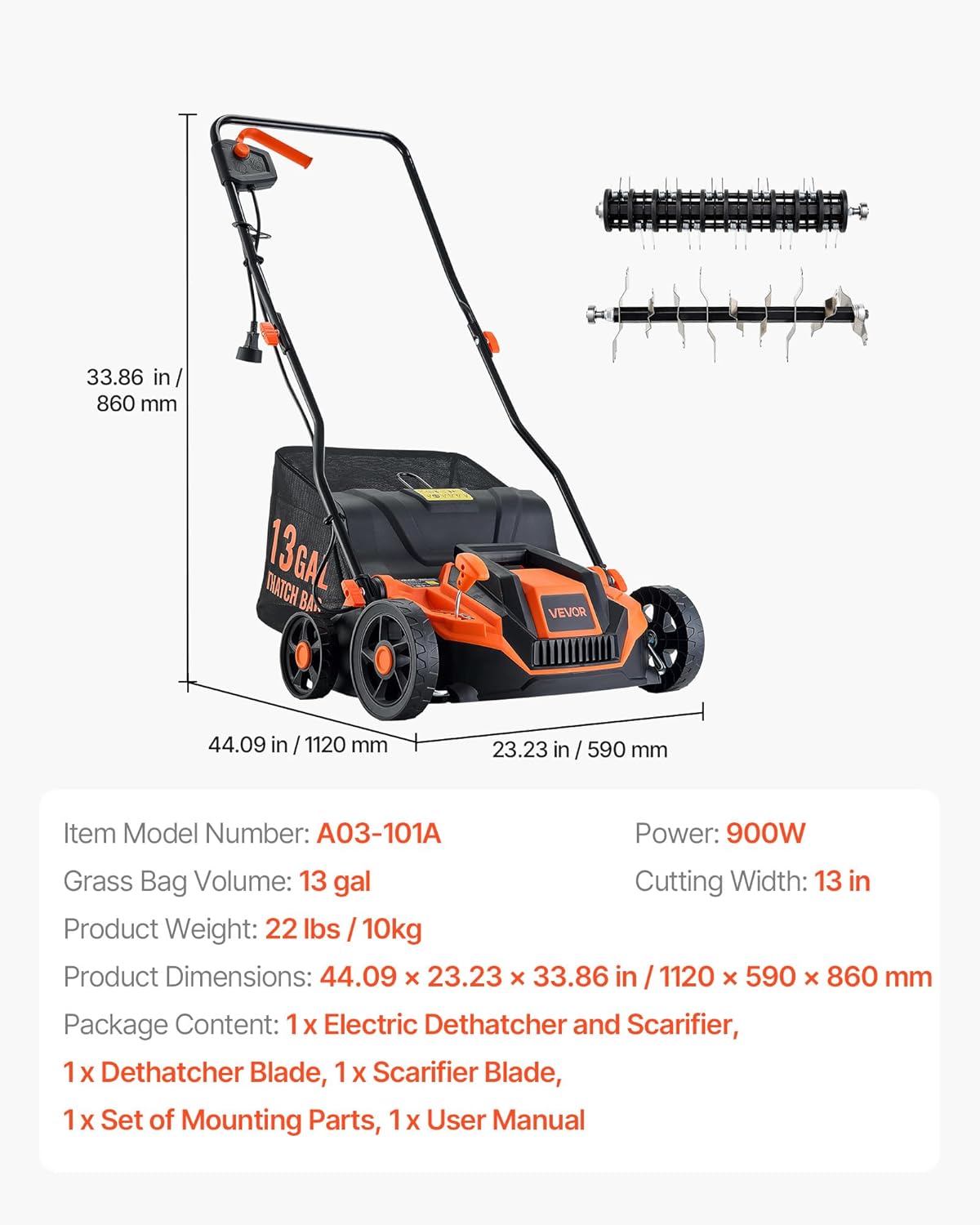 VEVOR 2-in-1 Electric Dethatcher and Scarifier, 13-Inch 13 Amp, Corded Lawn Dethatcher with 13-Gallon Thatch Collection Bag, 5-Position Depth Adjustment, Walk Behind Machine for Garden Yard Grass