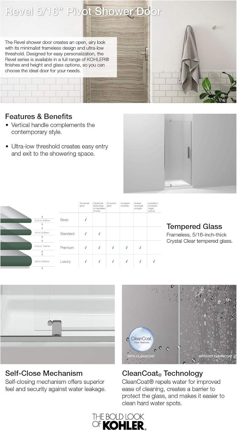 Kohler 707541-L-SHP Revel Shower door, Crystal Clear glass with Bright Polished Silver frame