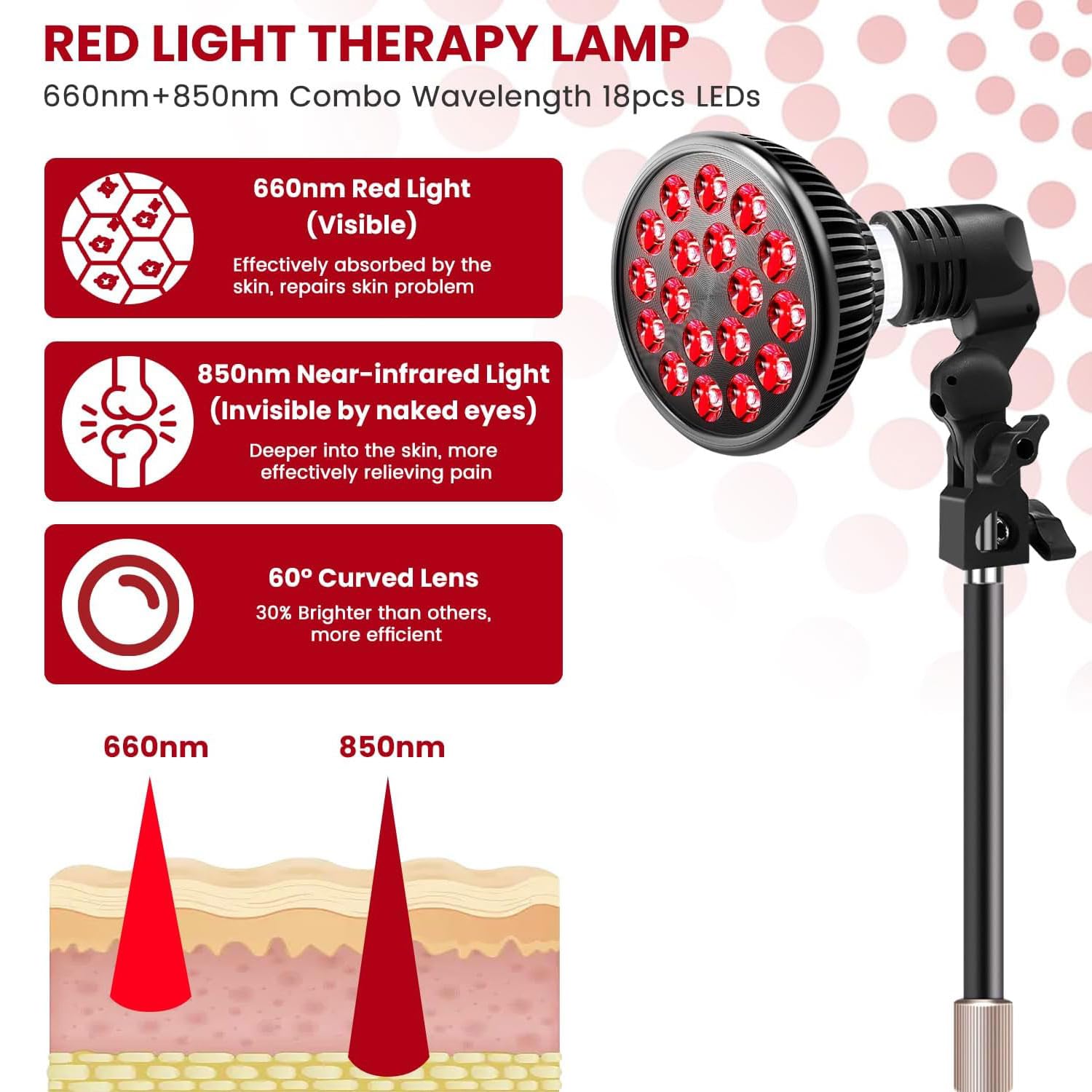 Genérico 54w Luz Roja Terapia Lámpara 660nm y 850nm Luz Roja e Infrarroja Bombilla Caliente Mejorar la Circulación Sanguínea Mejorar la Tez de la Piel 18 LED(sin soporte)