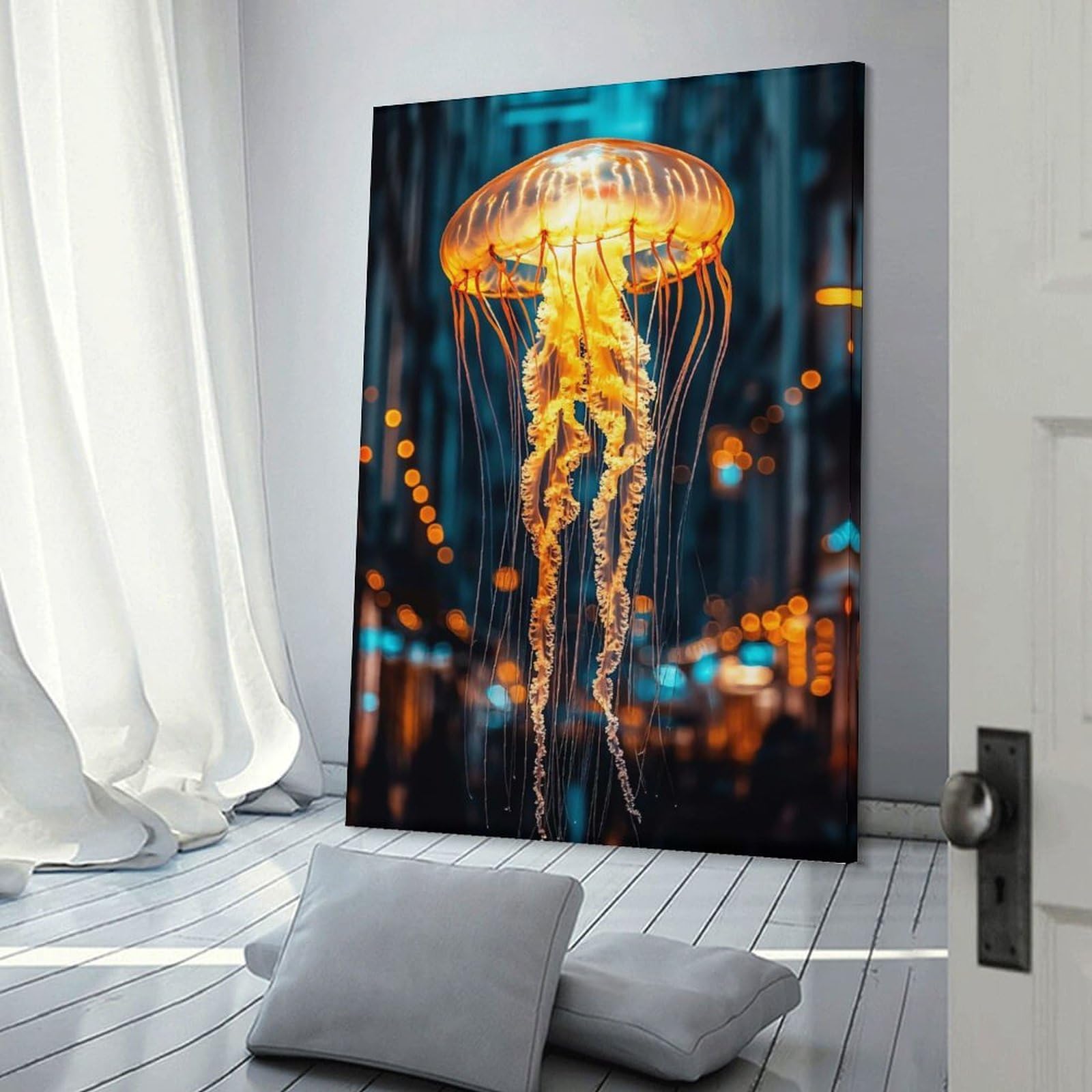 Junmoney Frame-Style-22 Glowing Jellyfish In Urban Nightscape Wall Decor Canvas Print, 20X30inch(50X75cm), For New Home Styling, Lounge Or Bedroom, Stylish Wall Art For Fresh Spaces