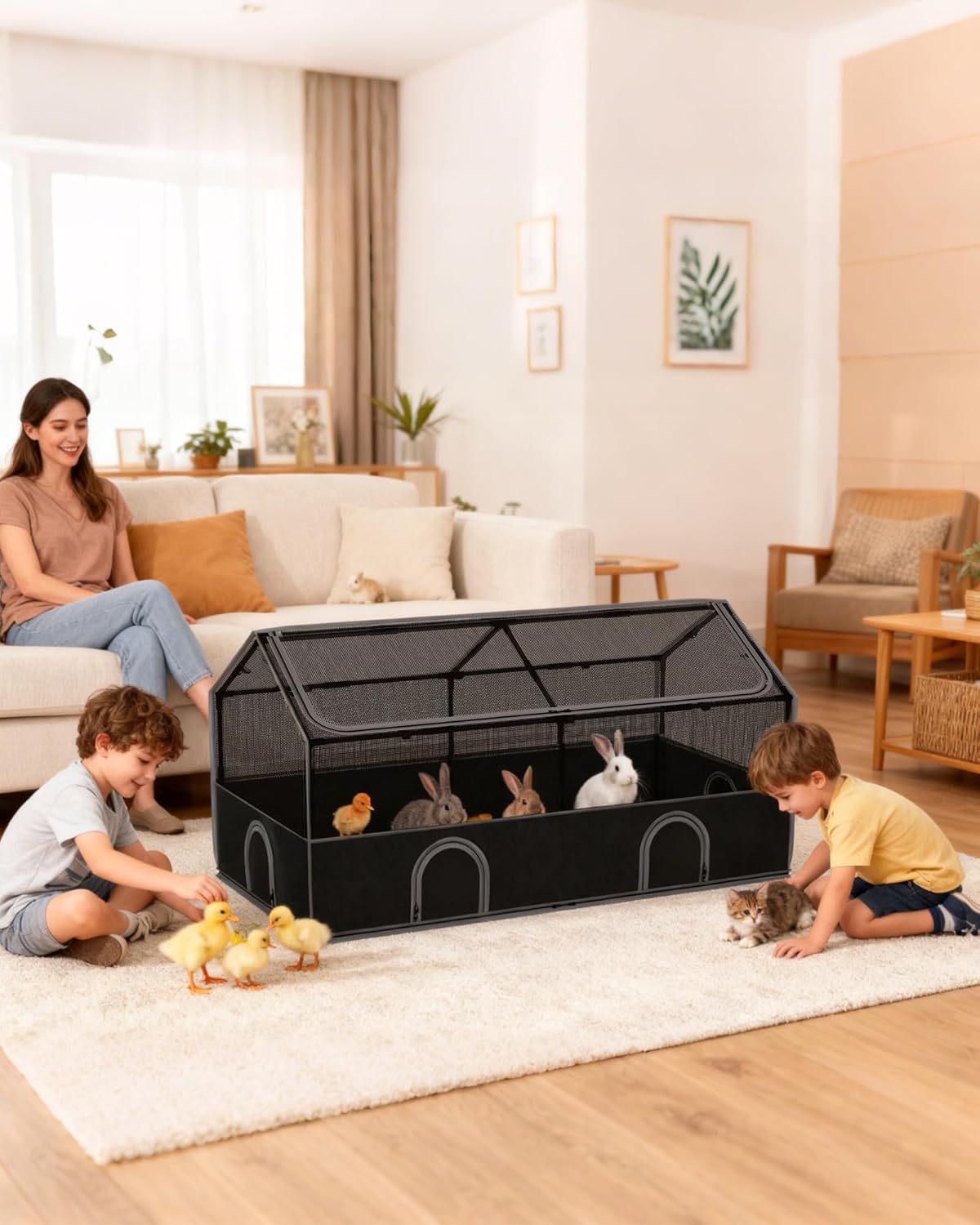 DINMO Small Animal Playpen, 65" Large Chicken Brooder Box with Cover, Waterproof Indoor Outdoor Pet Cage with Sturdy Metal Frame for Bunny, Guinea Pig, Kitten, Puppy, Duck, Hamster, Hedgehog & Black