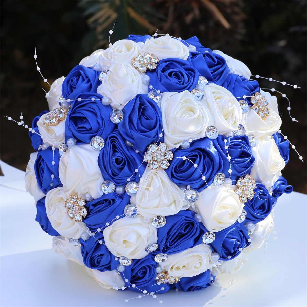 Bridal Wedding Bouquet Handmade Satin Rose Artificial Flower Bouquet for Bride Bridesmaid Holding Toss Round Wedding Bouquets Sparkling Rhinestone Brooch Crystals Gold & Black & Ivory 8.7"