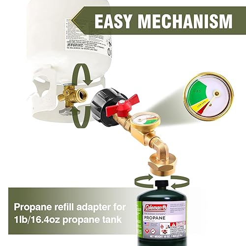 Miniatura 5 de BESTFIRE Adaptador de repuesto de propano con válvula y calibre, llena botellas de 1 libra de tanque de propano de 20 libras y conector de botella