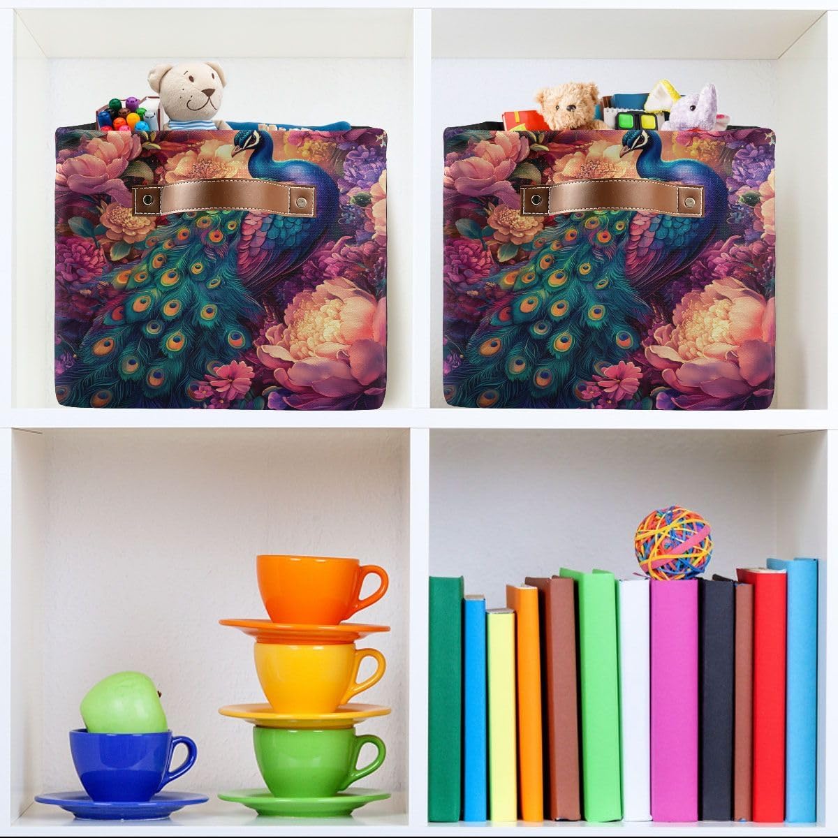 Storage Basket Peacock in Flowers Canvas Collapsible Box Organizer Bin with Handles