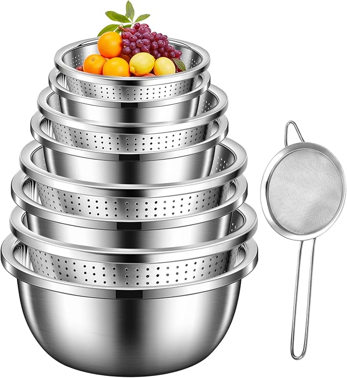 8+1 Stainless Steel Colander Set with Mixing Bowl, 4 Sizes (1.8QT, 2.3QT, 3QT, 4QT) with 1 Mesh Strainer, for Washing Rice, Fruits, Vegetables, Draining Pasta, Meat, and Spaghetti