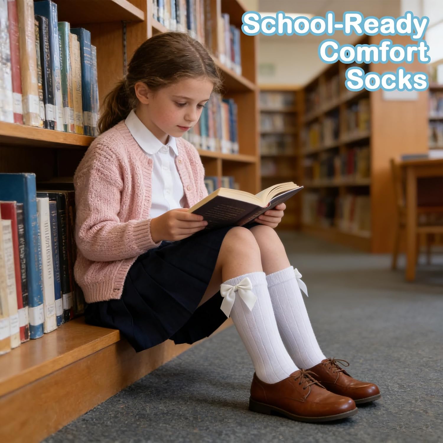 Girls Knee High Socks with Bow Cotton School Uniform Long Socks Dress Sock for Girl Kids 4 to 12 Years, 3/6 Pairs