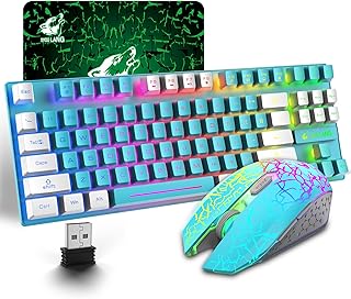 Wireless Gaming Keyboard and Mouse Combo with 87Key Rainbow LED Backlit Rechargeable 3800mAh Long Lasting Battery TKL Mechanical Feel Anti-ghosting Ergonomic RGB Mute Mice for PC Mac Gamer(Blue+White)
