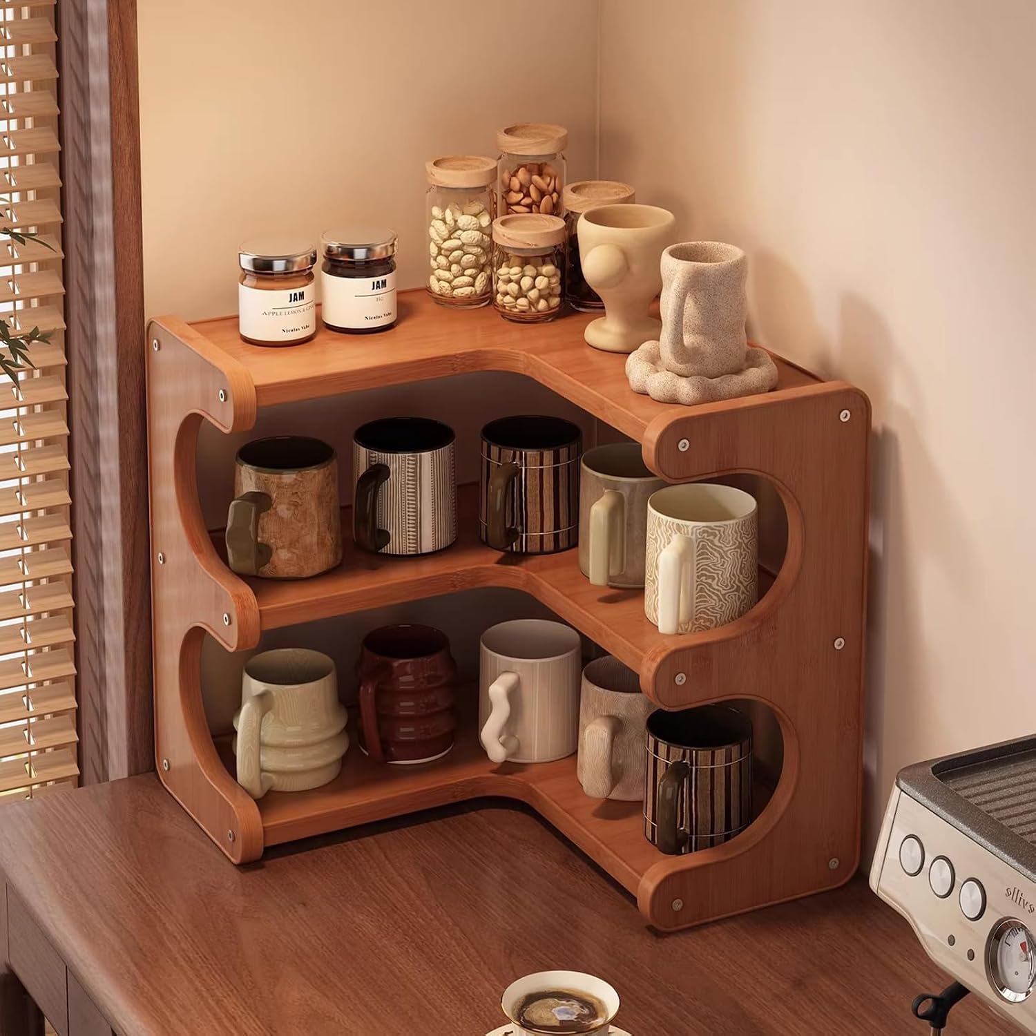 Corner Mug Holder, Wooden Coffee Mug Organizer for Countertop, Storage and Organization Mug Rack for Cabinet, Coffee Bar Storage for Kitchen and Home,3 Tier