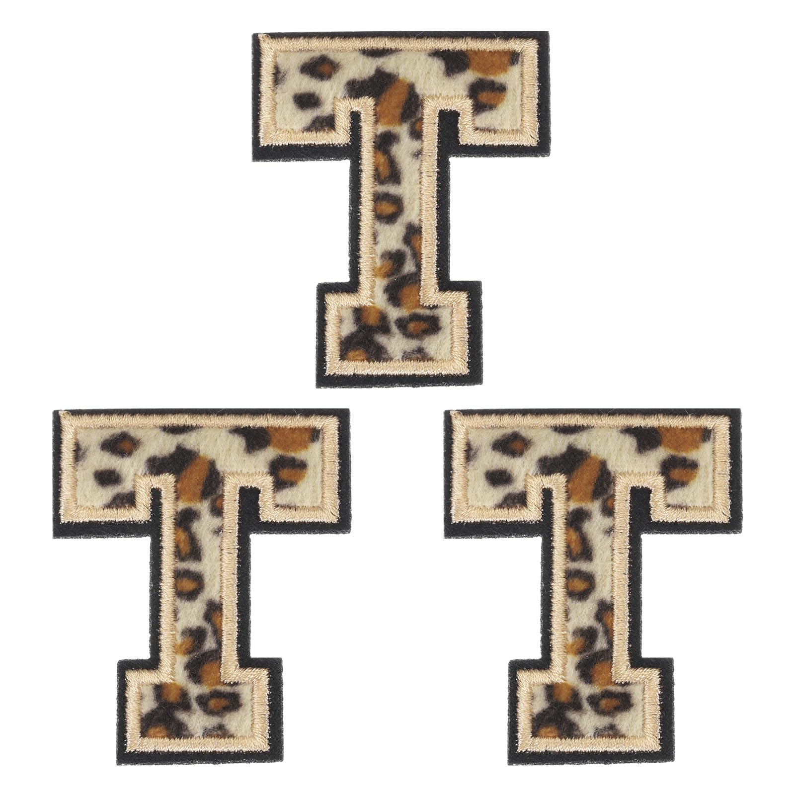 MECCANIXITY Parches de letras en T de leopardo para planchar con borde negro, parches bordados de 6 cm, proceso adhesivo termofusible para reparación de ropa, mochila, jeans, paquete de 3