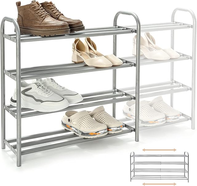 Gurkkst 4 Tier Extendable Shoe Rack Organiser Strong and Durable Heavy Duty Metal Footwear Storage Rack Holds 20+ Pairs (60-100) x 22,5 x 61,5 cm