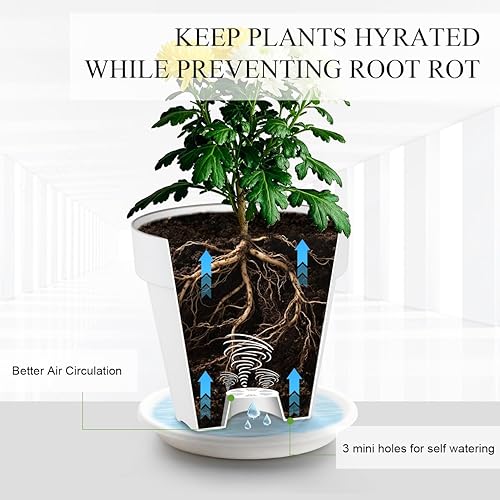 Miniatura 4 de Paquete de 3 macetas de plástico de 8910 pulgadas con platillos, macetas duraderas sin BPA con 21 agujeros de drenaje, diseño de respiración