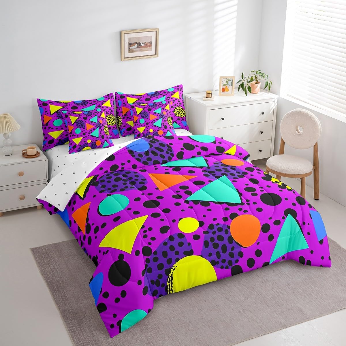 Memphis Geometric Comforter Set 7 Piece Bed in a Bag Twin,Retro 80S Style Bedding Sets Eighties Funky Hipster Fashion Comforter and Sheet Set,Urban Modern Circles and Triangle Shapes Room Decor