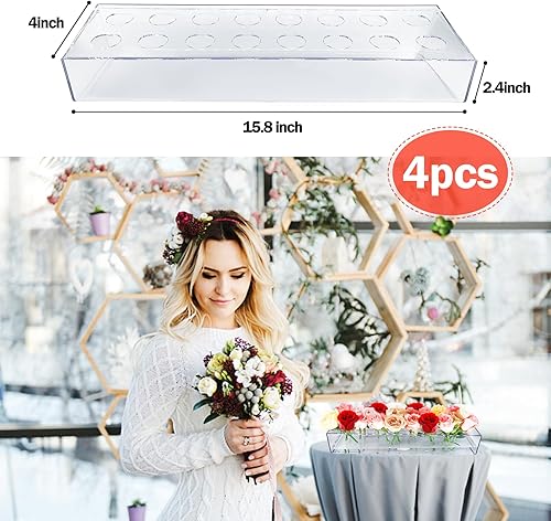 Miniatura 5 de Paquete de 4 jarrones de acrílico transparente para mesa de comedor, jarrones bajos rectangulares florales de 63.2 pulgadas con 64 agujeros para