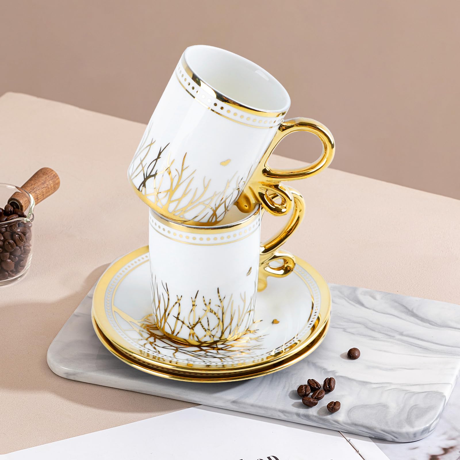 Türkische Kaffeetassen Set,12-teiliges Karaca Kaffeetassen Set, 6 Espressotassen und 6 Untertassen, Karaca Kahve Fincan Seti, Kaffeeservice, Porzellan Tassen, Mokkatassen(Weißgold)
