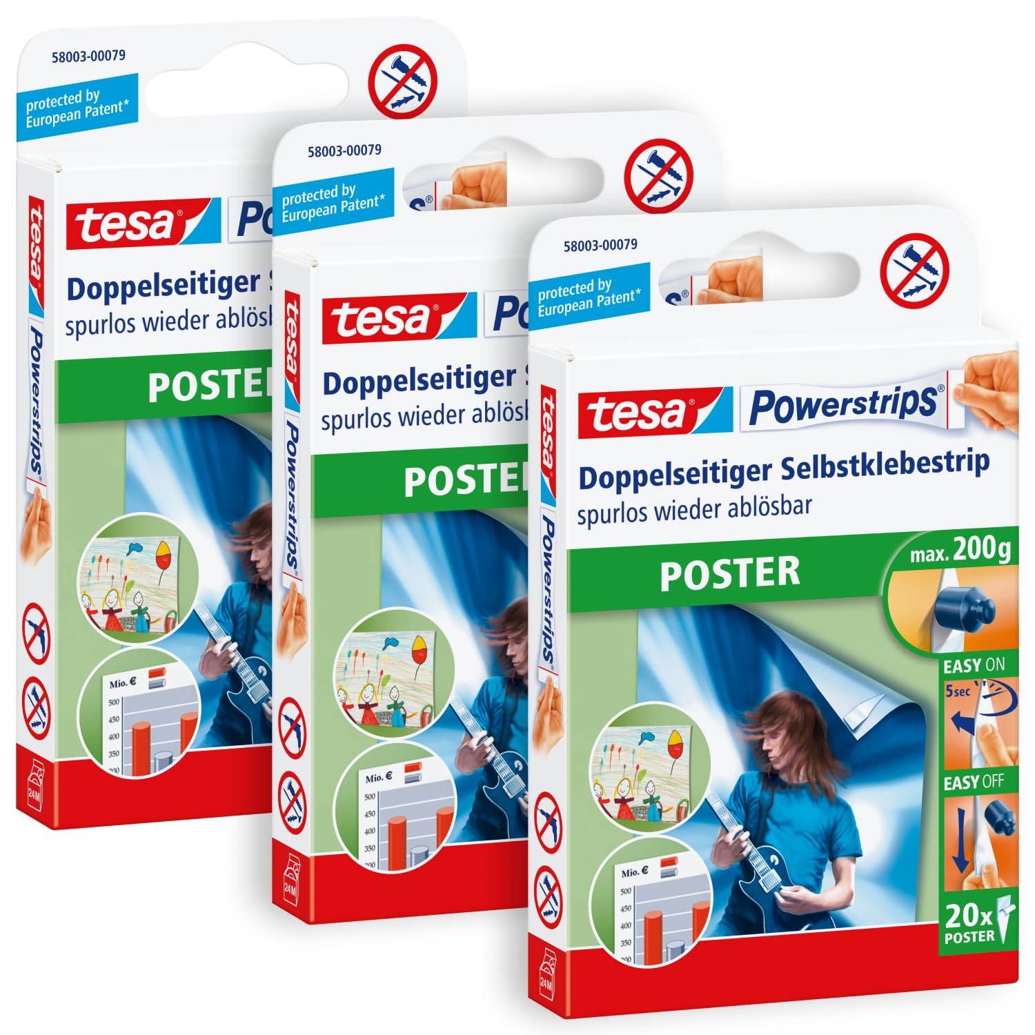 tesa Powerstrips POSTER - 3 x 20 doppelseitige Klebestreifen