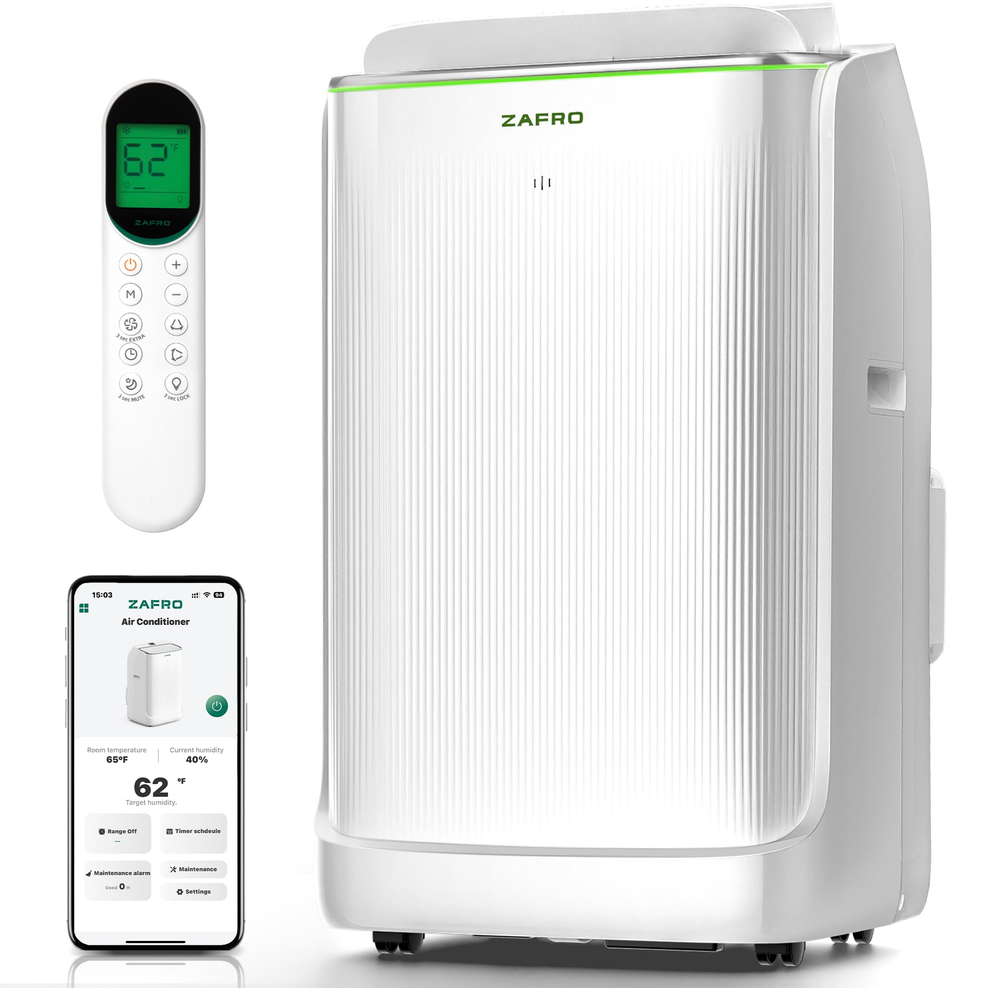 ZAFRO14,000 BTU (10,000 BTU SACC) Inverter Portable Air Conditioners, Smart AC with Ultra Quiet(42dB)/Drainage-free Cooling/24Hrs Timer/APP/Remote/Cool, Fan & Dehumidifier Modes for Indoor roomsGlobal Recycled StandardGlobal Recycled StandardGlobal Recycled Standard