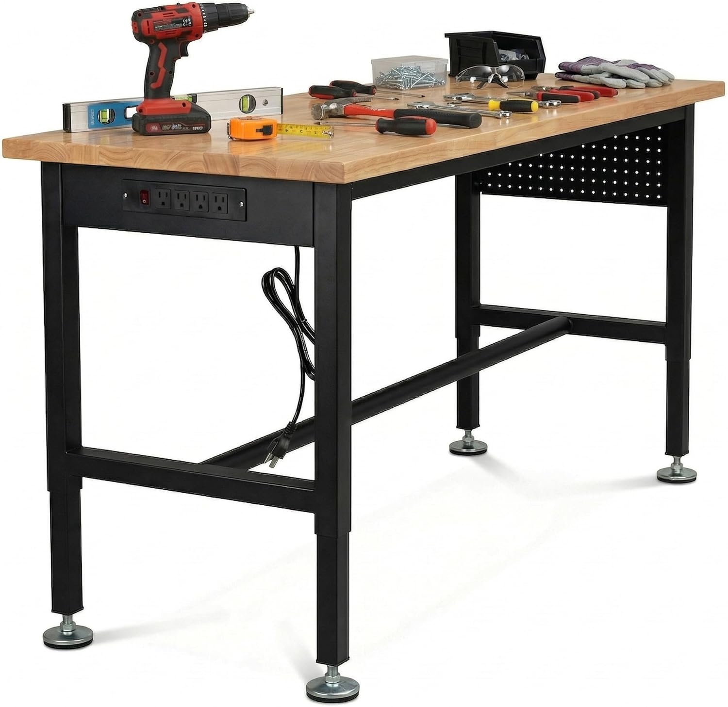 47-inch Adjustable Workbench with Pegboard & Power Outlet, Height Adjustable 29.5-38.6 Inches, Heavy Duty 1300 LBS Load Capacity Hardwood Work Table for Garage, Workshop, Office, Home
