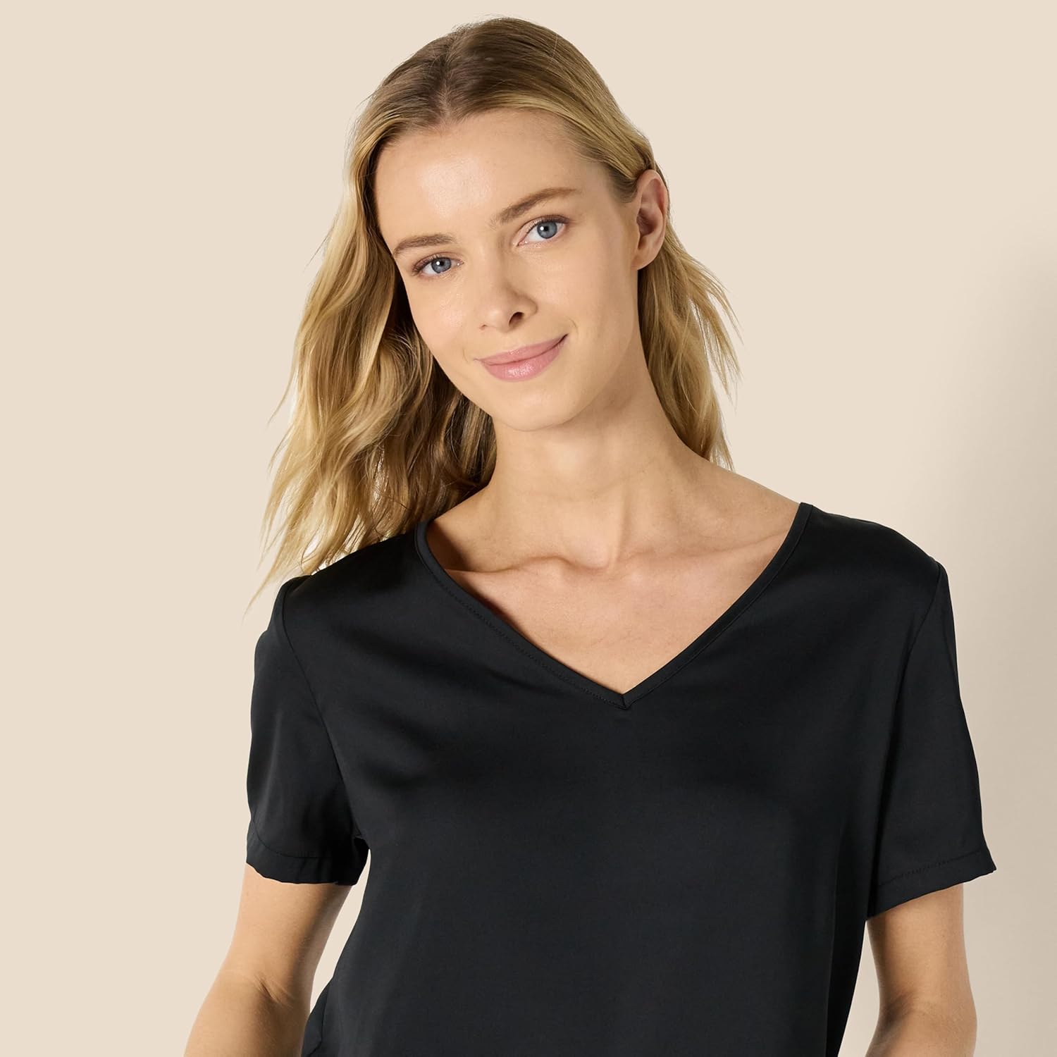 Amazon Essentials Women's Relaxed Fit Satin Short Sleeve V-Neck T-Shirt and Short Sleepwear Set - Image 3