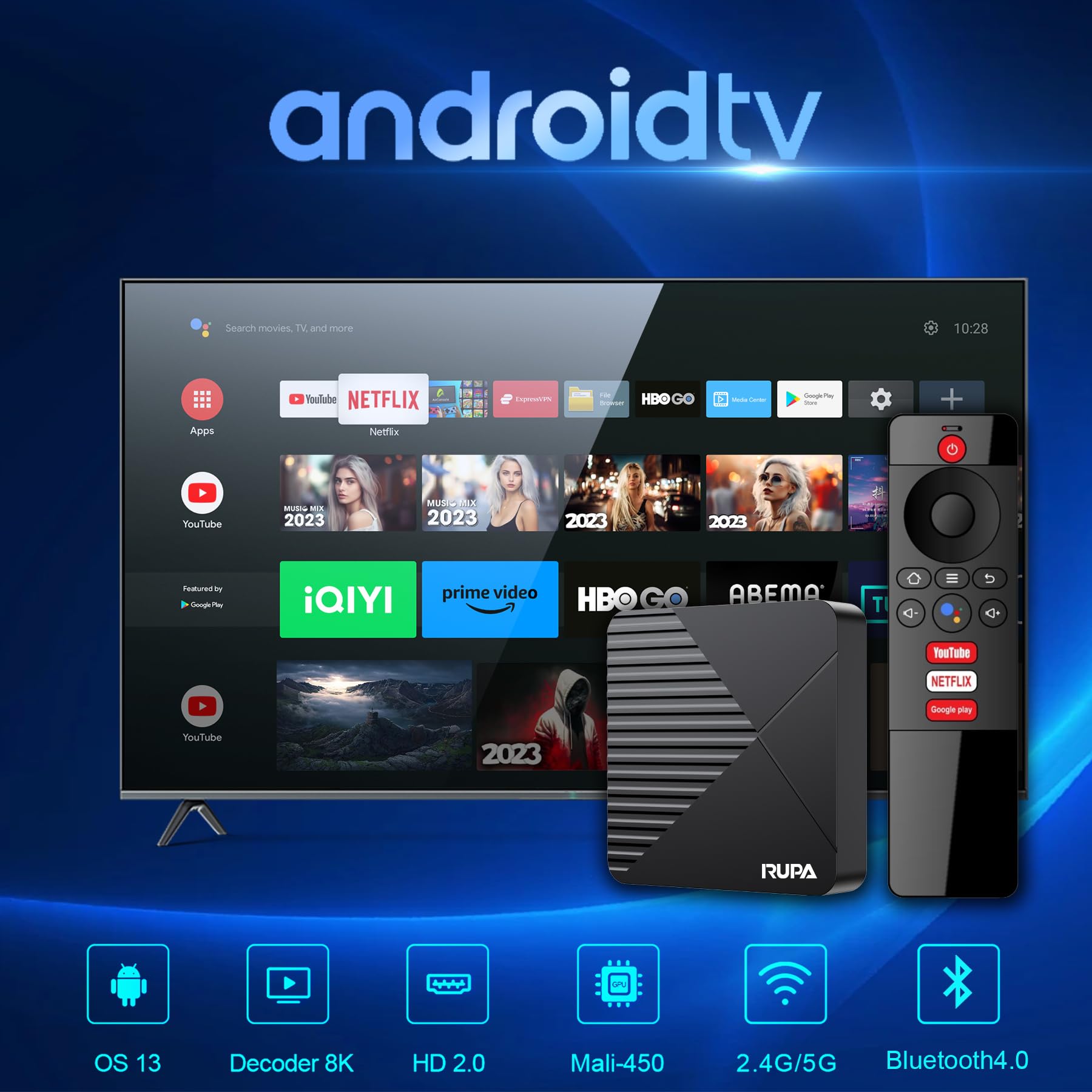RUPA Android TV Box 13.0, 2025 Android Box avec RAM 2G ROM 16G 3D HD 8K WiFi6 Enternet10/100M BT5.0 USB3.0 HDR10 Cast Screen Smart TV Box