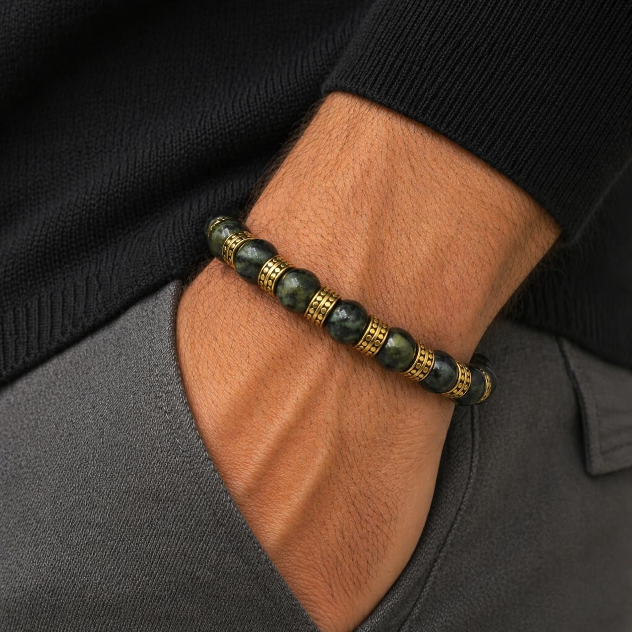 Kartini Studio Men's Jade Bracelet, Jade and Gold Plated Beads, Dark Green Nephrite Jewelry, Gift for Man