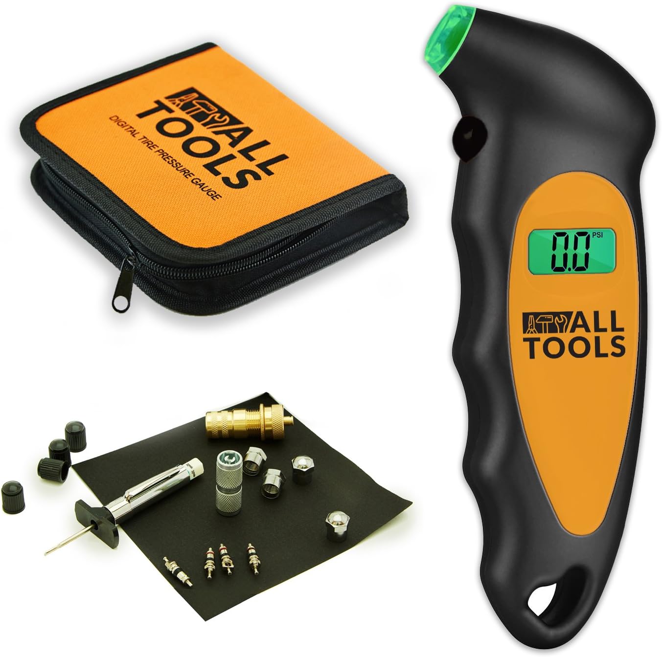 All Tools - Tire Diagnostic Tool Kit - Includes Digital Tire Pressure Gauge 150 PSI 4 Settings, Tire Tread Depth Gauge, Deflator and Some Additional Car Tools and Details
