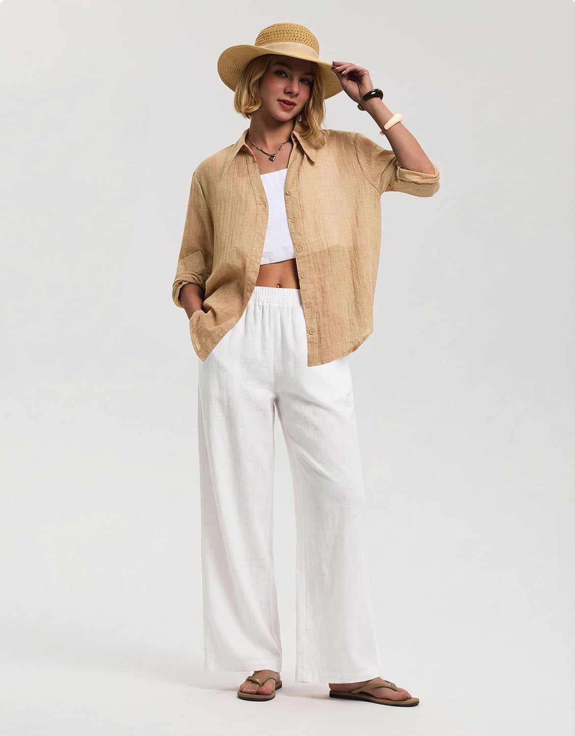 LOMON Cotton Linen Pants Women Wide Leg Palazzo Pants Beach Vacation Outfits Summer 2026 Flowy Clothes Trousers with Pockets