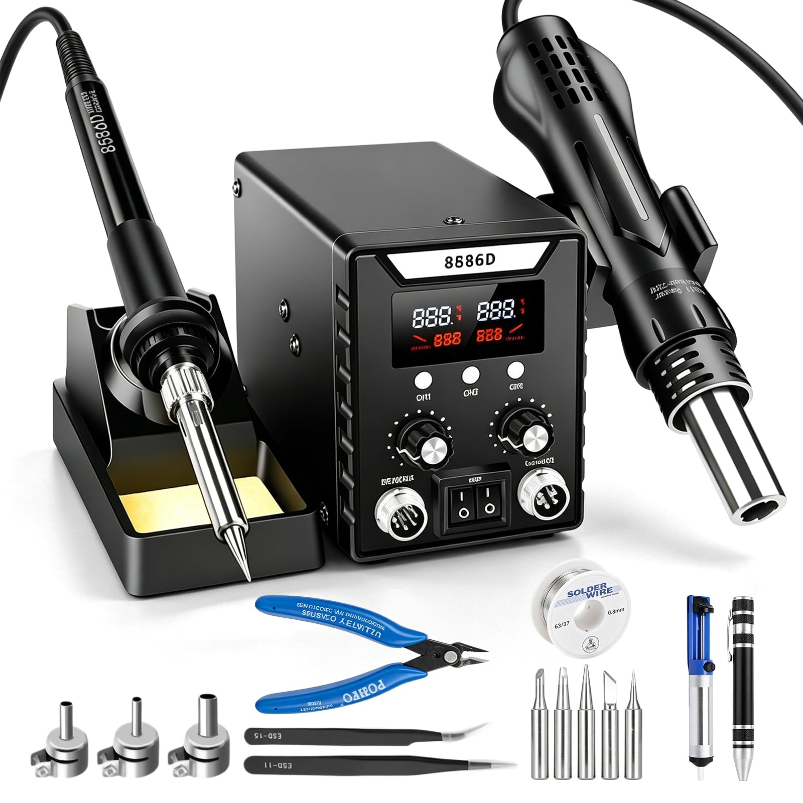 Stazione di saldatura, 2 in 1, stazione saldatrice ad aria calda, set 8586D, 600 W, stazione dissaldante Soldering Station 180-500 ℃, temperatura regolabile e volume dell'aria, set di saldatura per