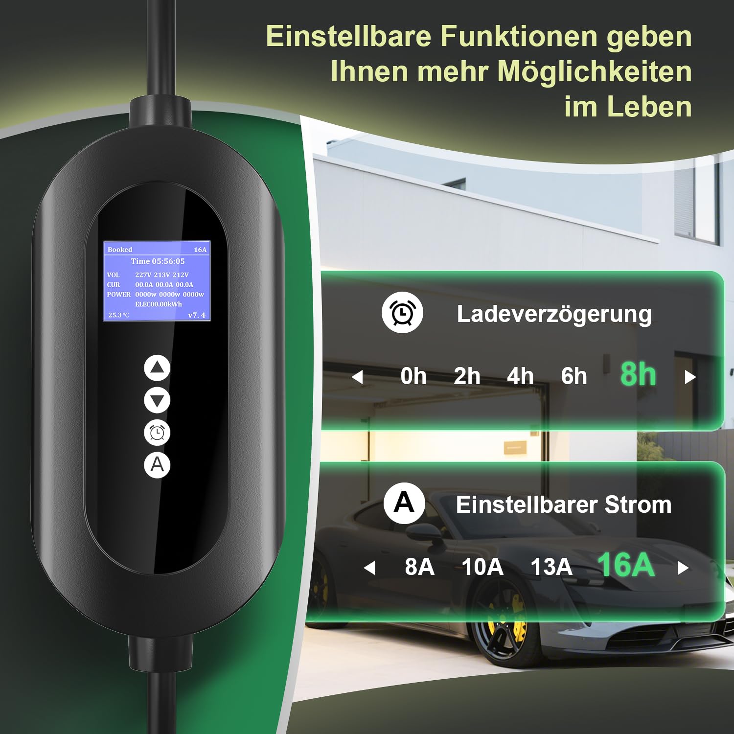 Mobile Wallbox 11 kW mit CEE 16A Stecker (3-phasig), 6 m Typ-2-Ladekabel, 8–16 A einstellbar, Mobile Ladestation mit Stromzähler & 0–24 h Timer, für BEV & PHEV, Schwarz