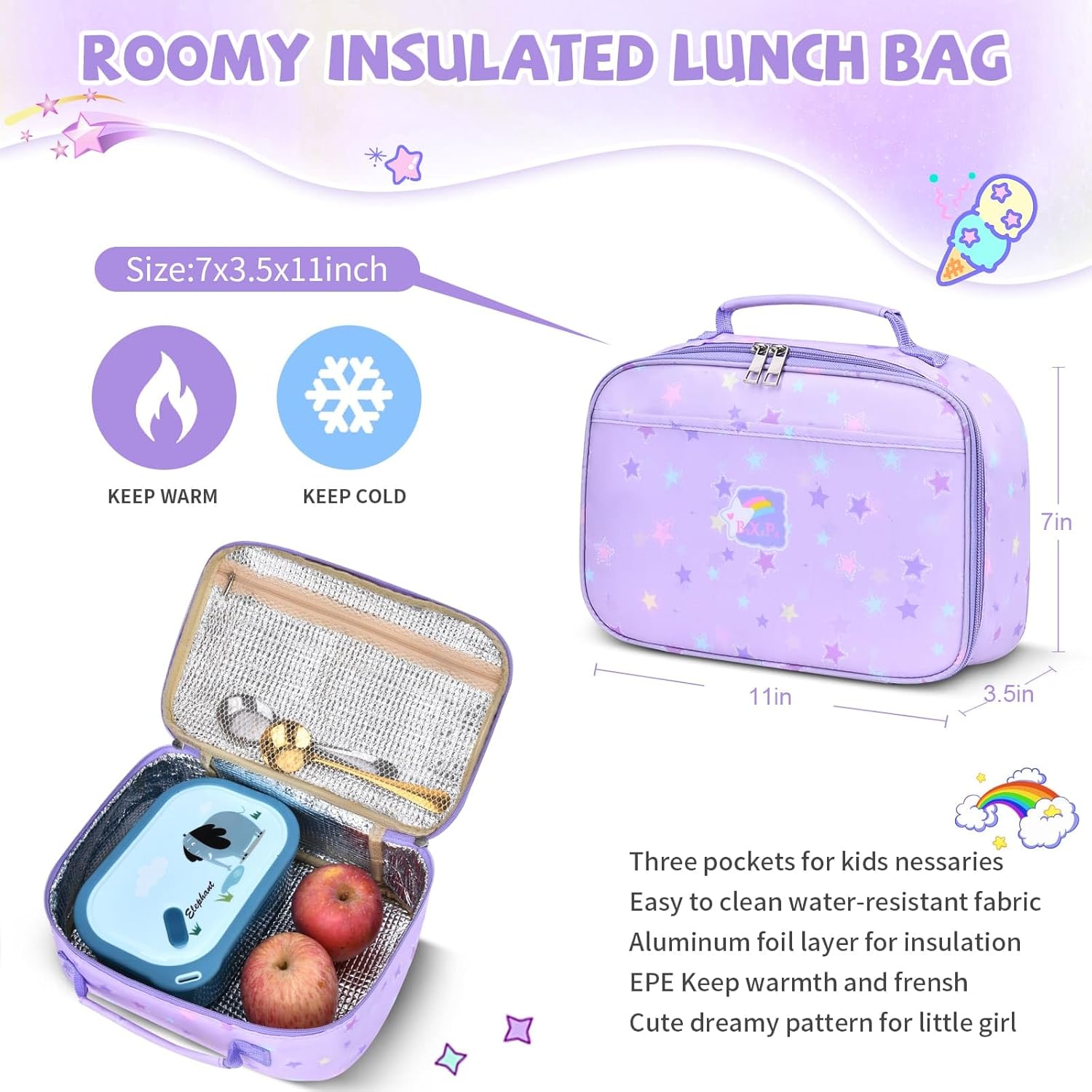 Backpacks for Girls School Cute Kids Backpack Bookbags with Insulated Lunch Box Set for School Elementary Girl (Star Purple)