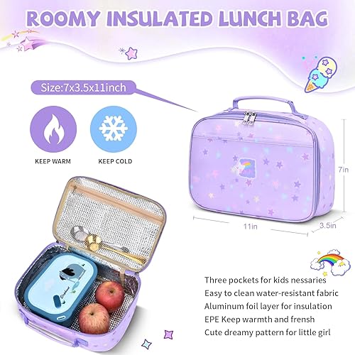 Miniatura 5 de Mochilas para niñas, escuela, lindas mochilas para niños, con lonchera aislada, juego para la escuela primaria, púrpura (Star Purple), Mochila