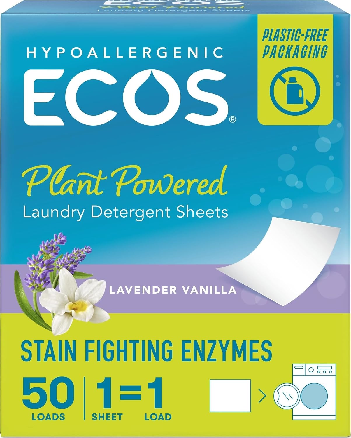 ECOS Laundry Detergent Sheets Vegan, No Plastic Jug, No Mess & Liquid Free - Laundry Sheets in Washer - Hypoallergenic, Plant Powered Laundry Detergent Sheets - Lavender - 50 Sheets (Pack of 1)
