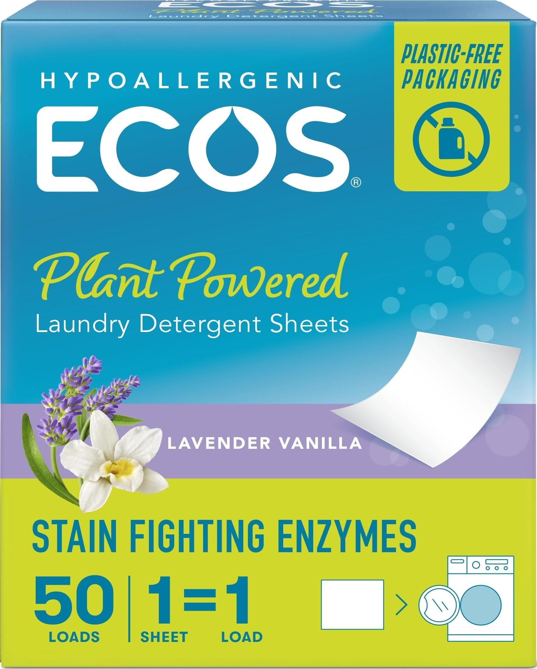 ECOS Laundry Detergent Sheets Vegan, No Plastic Jug, No Mess & Liquid Free - Laundry Sheets in Washer - Hypoallergenic, Plant Powered Laundry Detergent Sheets - Lavender - 50 Sheets (Pack of 1)