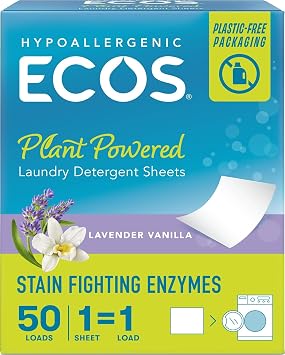 ECOS Laundry Detergent Sheets   Hypoallergenic, Lavender & Vanilla | Compact plastic-free packaging, results at all temperatures   see listing for scent and pack size