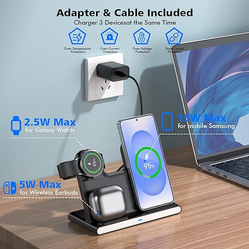 Miniatura 2 de Cargador inalámbrico para Samsung, estación de carga inalámbrica 3 en 1, soporte de carga rápida plegable para teléfono y cargador de reloj para