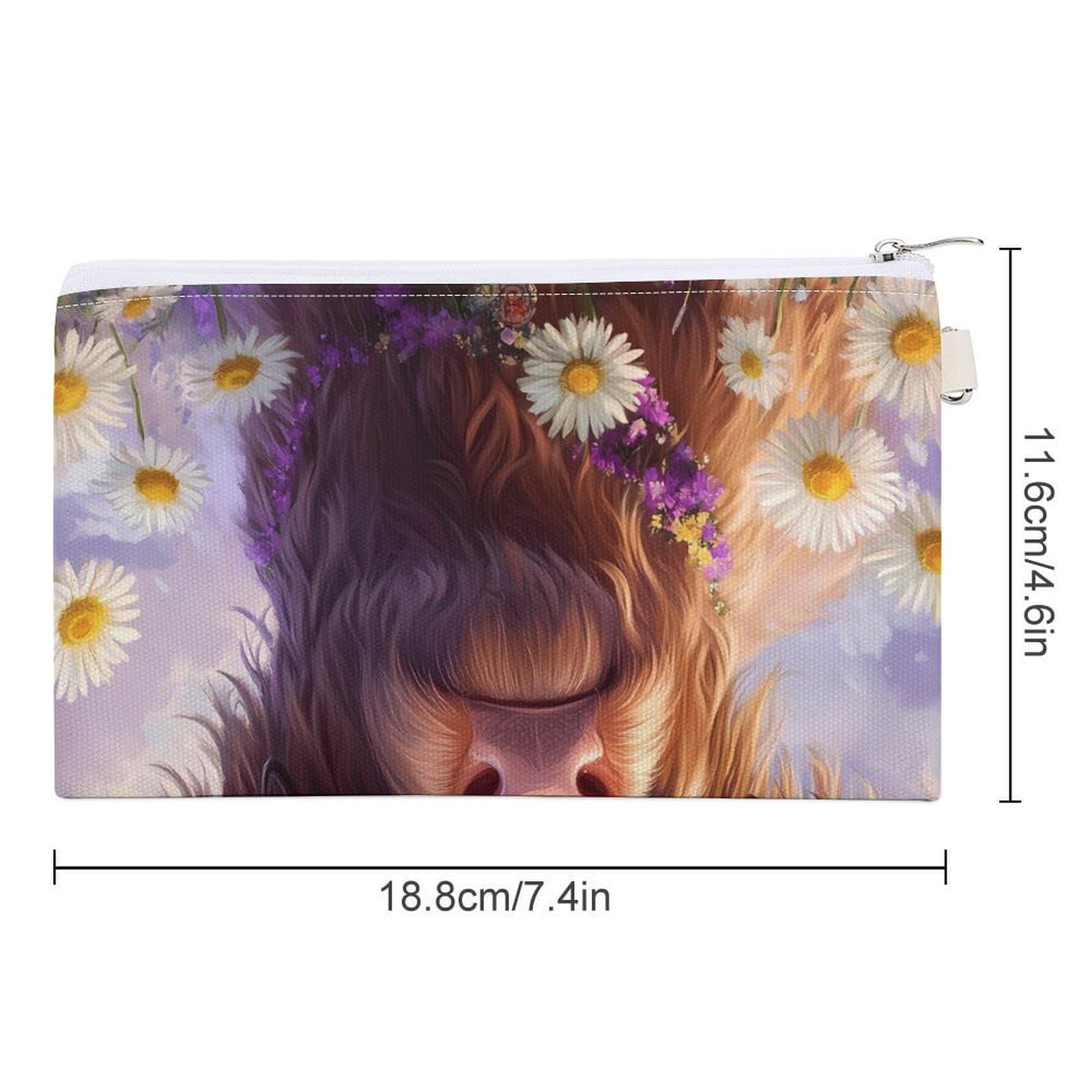 Highland Cow Daisy Flower Coin Purse Canvas Change Pouch Portable Pocket Wallet Mini Storage Bag with Zippered Keychain