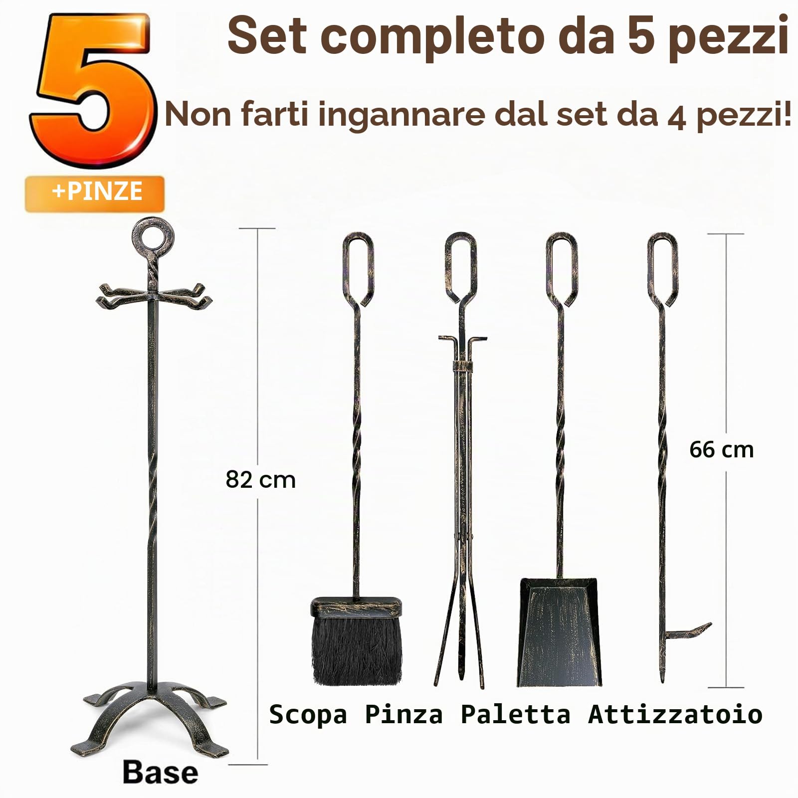 Amagabeli Set di 5 Attrezzi per Camino Set da Camino in Ferro battuto con pinze da Poker Porta Scopa e Pala Utensili da Fuoco Accessorio Rustico da Esterno Oro Nero