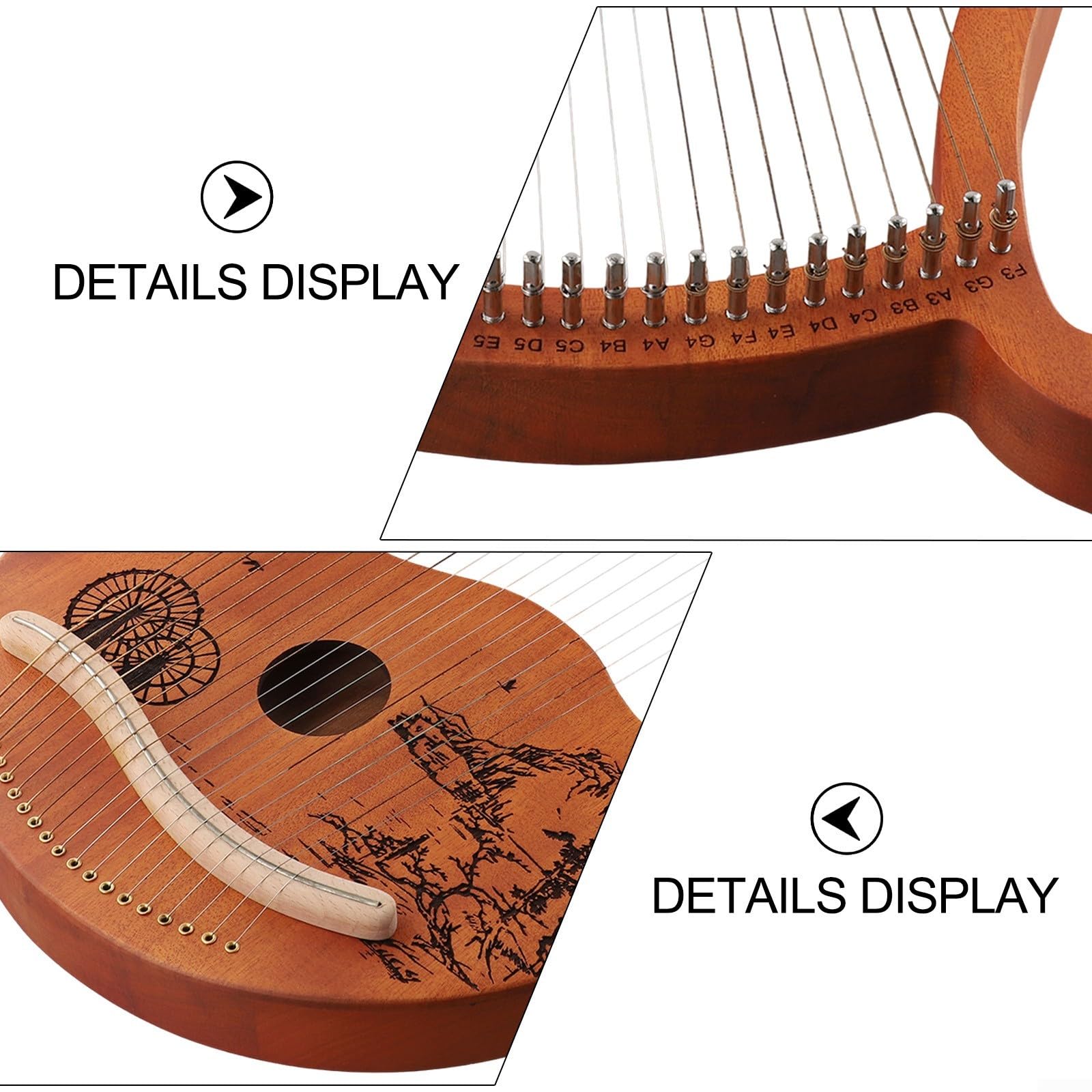 Arpa de lira con 19 cuerdas, llave de afinación y cuerdas de repuesto, perfecta para exploración de música clásica (rueda)