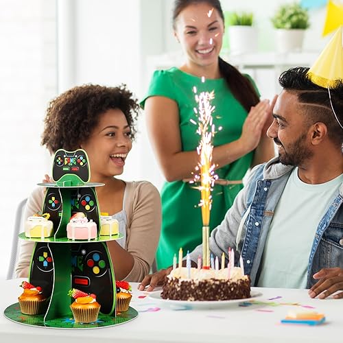 Miniatura 6 de Sliner Soporte para cupcakes para videojuegos, decoración de fiesta de cartón de 3 niveles, soporte para tartas, bandeja de torre de postres para