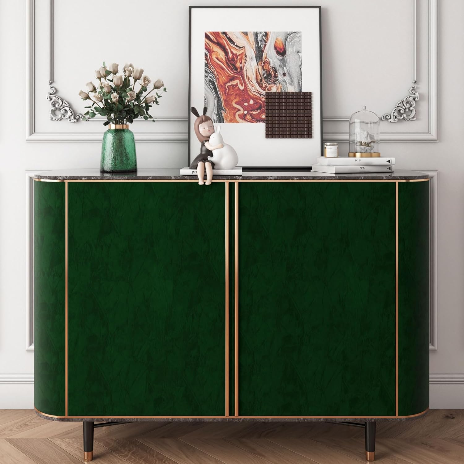YENHOME Emerald Green Wallpaper Stick and Peel 17.7"X200" Green Peel and Stick Wallpaper Self Adhesive Felt Fabric Wallpaper Contact Paper Velvet Flocking Liner for Jewelry Drawer Renter Friendly