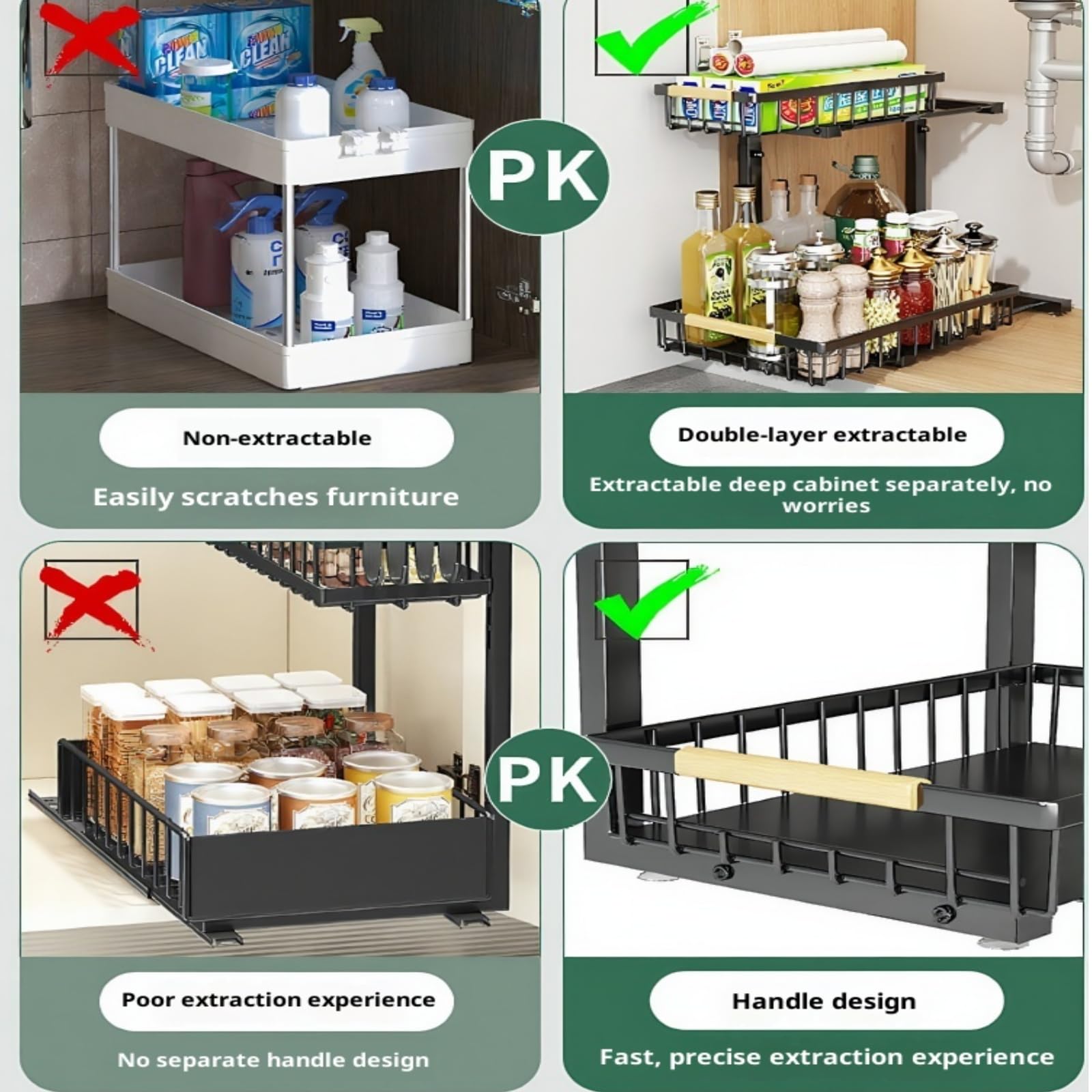 Metall Spülschrank Organizer, 2 Stück 2-Etagen Ausziehbarer Unter Waschbecken Regal, Ausziehbares Unterschrank Lagerregal für Küche, Badezimmer & Speisekammer (2er Pack)