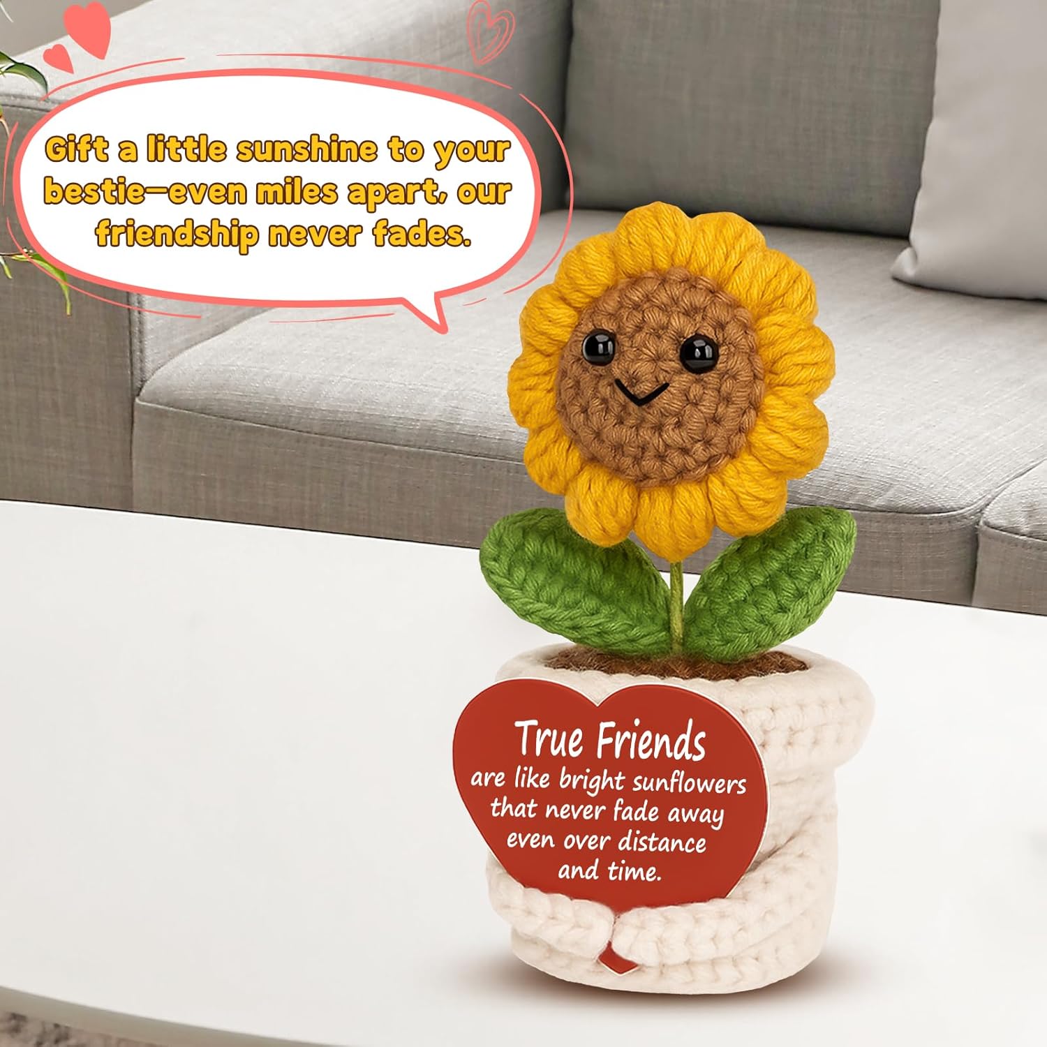 Handmade Positive Crochet Sunflower Plush “True Friends are like bright sunflowers…” Inspirational Gift for Women, Friend, Sister, Coworker, Emotional Support Token – Birthday, Christmas, Desk Decor - Image 4