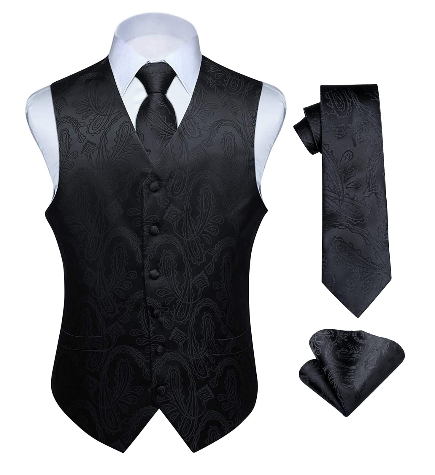 Men's Paisley Waistcoat Floral Jacquard Necktie Pocket Square Handkerchief Wedding Party Business Fit Vest Suit Set XS-6XL
