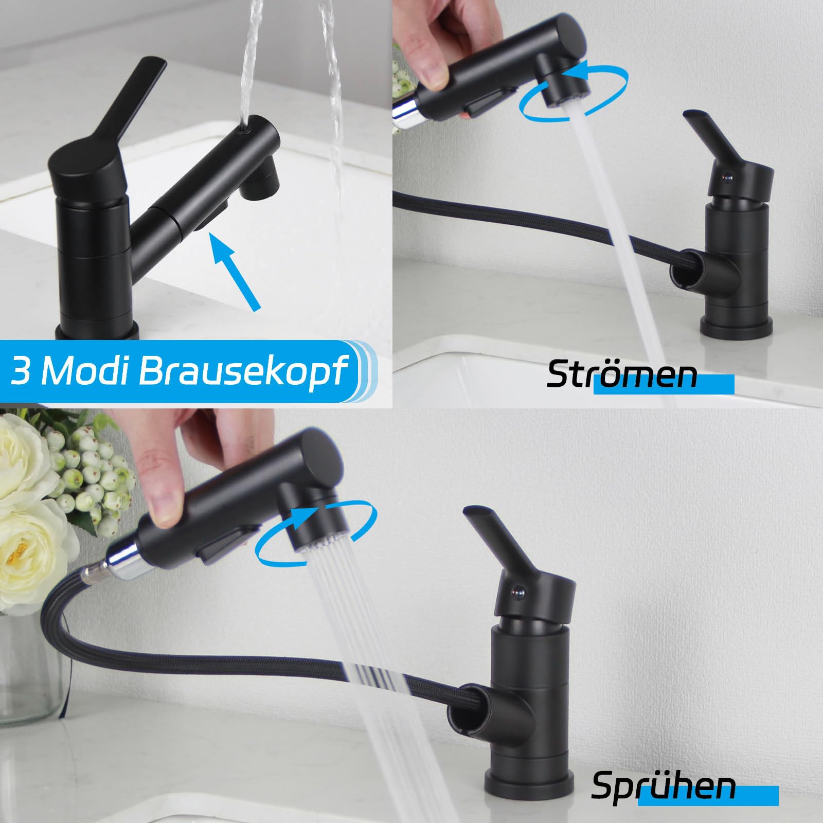 Grifo de baño (3 tipos de chorro de agua, giratorio 180°, monomando