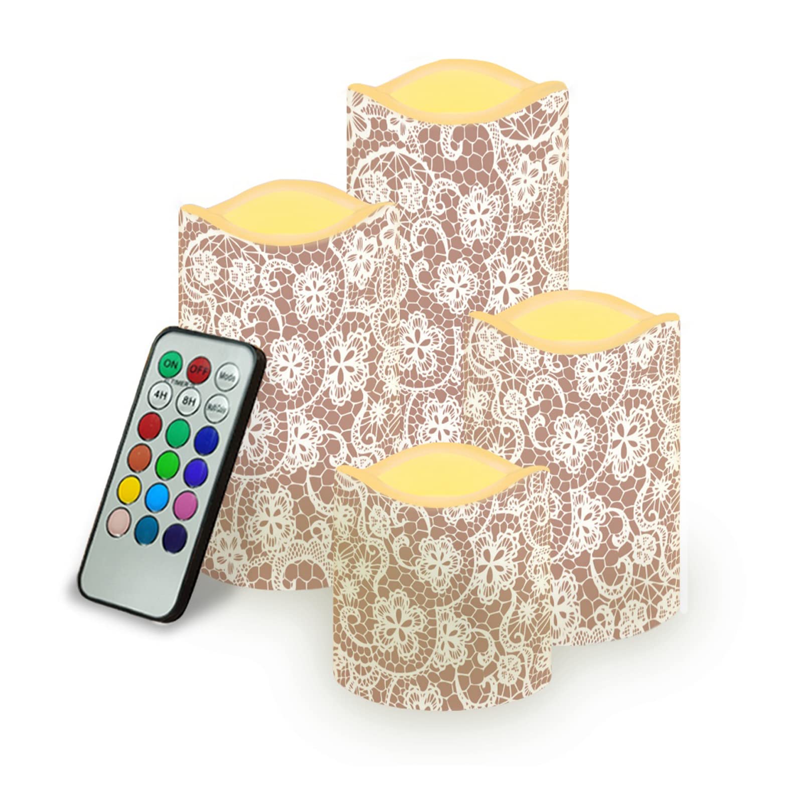 Kuiaobaty Vintage Floral Lace Electric Candles Battery Operated, 4 Pack Warm Yellow Plus Multicolor Fake Candles Flameless