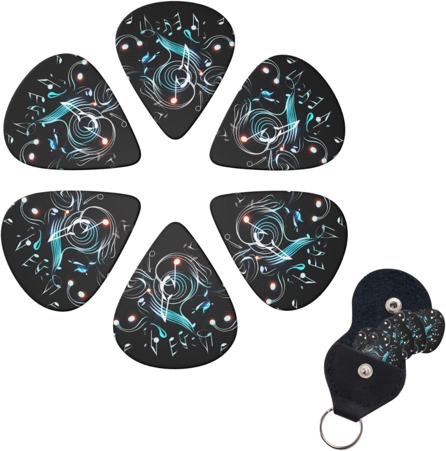 Music Note Print Guitar Picks 6 Pack Personalized Plectrums with Organizer Storage Box, Colorful Celluloid Guitar Plectrum Includes Thin, Medium, Heavy Picks For Acoustic Guitar Bass Picks