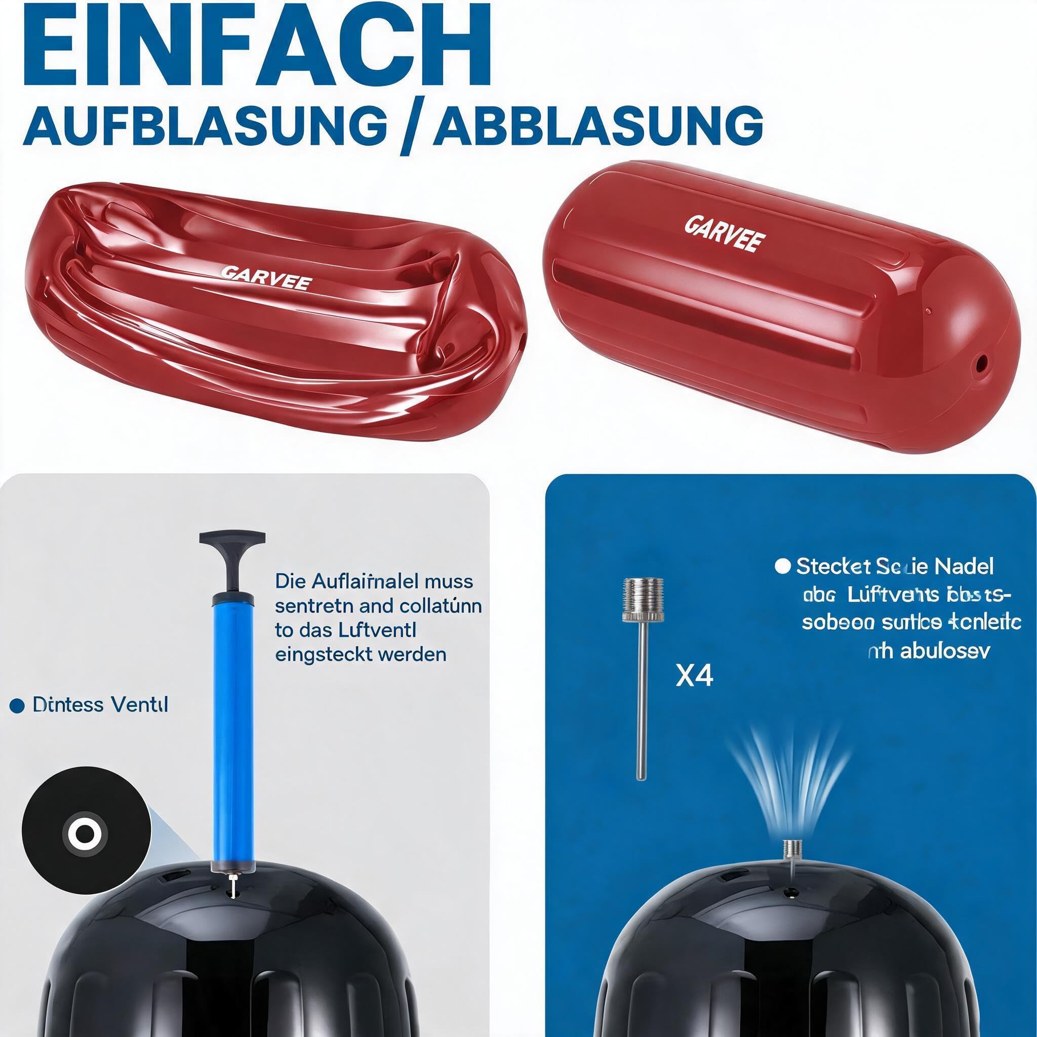 Garvee 4er-Set Aufblasbare Bootsfender 25,4 x 71,1 cm, Gerippte Mittelöffnung, Inklusive Seile Und Luftpumpe