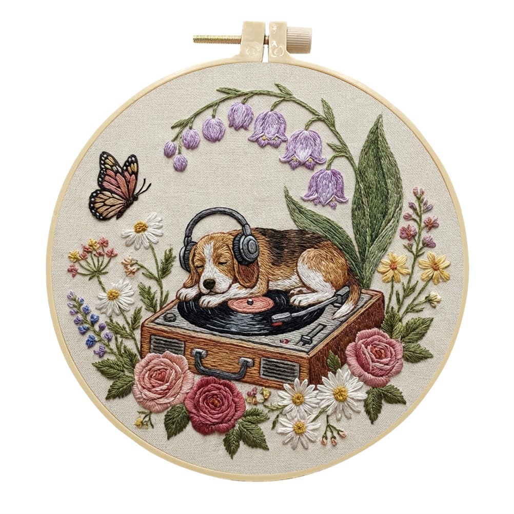 Meecaa Embroidery Kit Starter Set, Dog Butterfly Flower Hand Embroidery Set, Pattern Printed Cross Stitch Set for Beginner Adults, with Embroidery Hoop and Instructions (Dog)