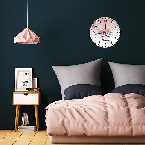 Vista 5 de Reloj de pared personalizado con diseño de unicornio y rosa con purpurina para habitación de los niños, reloj de pared personalizado con nombre