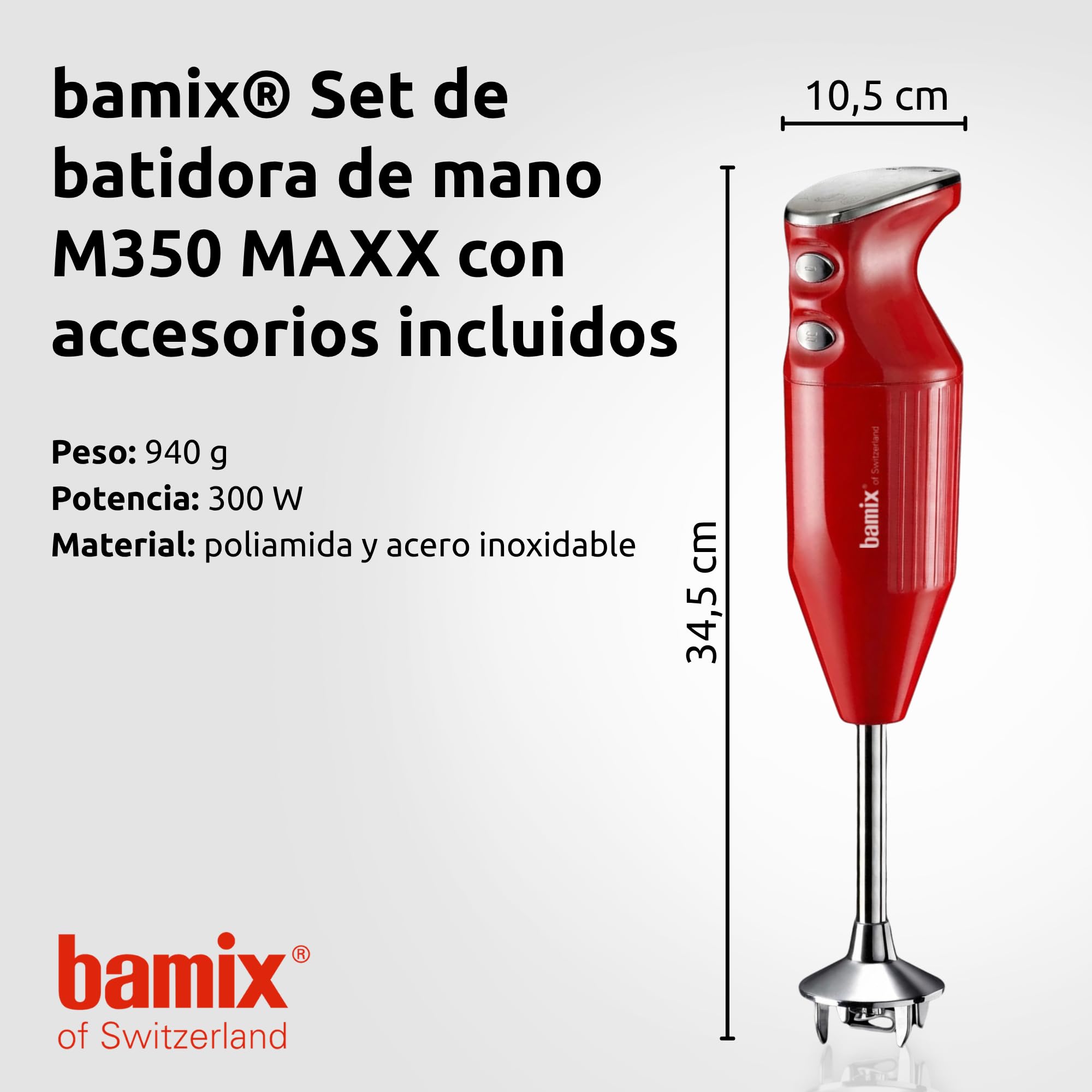 Set de batidora de mano bamix M350 MAXX con cuchillas multifunción, carne y verduras, batidor y disco para montar de acero inoxidable, 300W, 2 velocidades, fabricado en Suiza, rojo/cromo