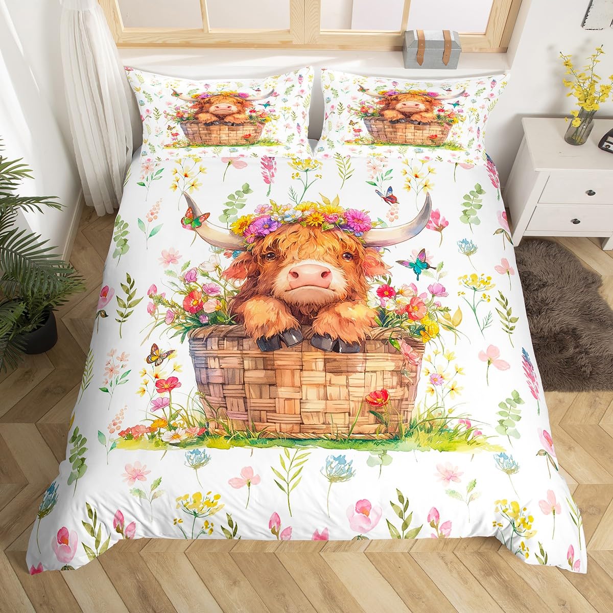 Feelyou Kids Highland Cow Sheet Set - King Size With Bowknot & Floral Pattern